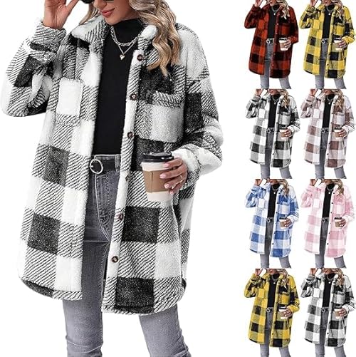 Ladies Fleece Tops Womens Fleece Jacket Fluffy Flannel Mid Length Checked Coats Fuzzy Teddy Casual Plaid Button Hoodies Lapel Warm Winter Cardigan Long Sleeves Autumn Warm Outwear