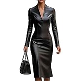 Qikaka Women's Long Sleeve Lapel V Neck Faux PU Leather Bodycon Sexy Nightclub Party Dress