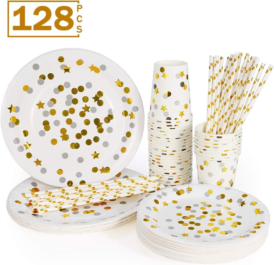 esonmus 128pcs Gold Dot Disposable Paper Plates&Cups Set, 32pcs 9oz Paper Cups +32pcs 7" Dessert Plates +32pcs 9" Dinner Plates +32pcs Paper Straws for Thanksgiving Christmas Baby Shower Wedding Party