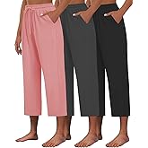 Kivdol 3 PACK Womens Capri Pants Loose Yoga Pants Wide Leg Drawstring Comfy Lounge Pajama Capris Loose Sweatpants with Pocket