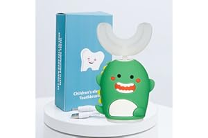 RENAELELIFE Kids Sonic Electric Toothbrush U Shaped Automatic Timer IPX7 Waterproof 5 Modes 360° Oral Cleaning Teeth Whitening Gums Massage Replaceable Soft Cartoon for 7-15 (Green Dinosaur)