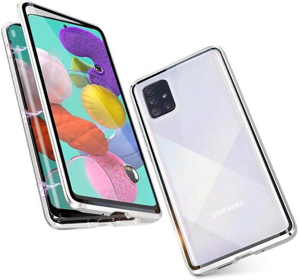 Magnetic Case for Samsung Galaxy A51, Magnet Adsorption with Front and Back Double-Sided Built-in Tempered Glass, One-Piece Full Screen Coverage Design 360 Degree Full Body Metal Frame Cover - Silver