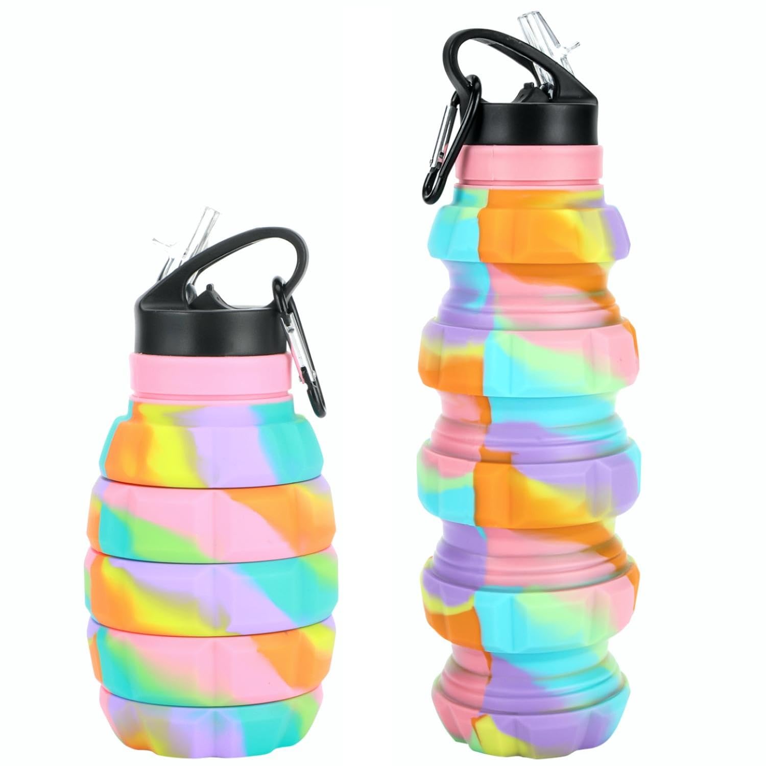 Collapsible Travel Water Bottle 19.6 oz, Reusable Silicone Collapsible Water Bottle for Gym Camping Hiking Fmaily School Office Portable Leak Proof Sports Bottle with Carabiner.(Candy)