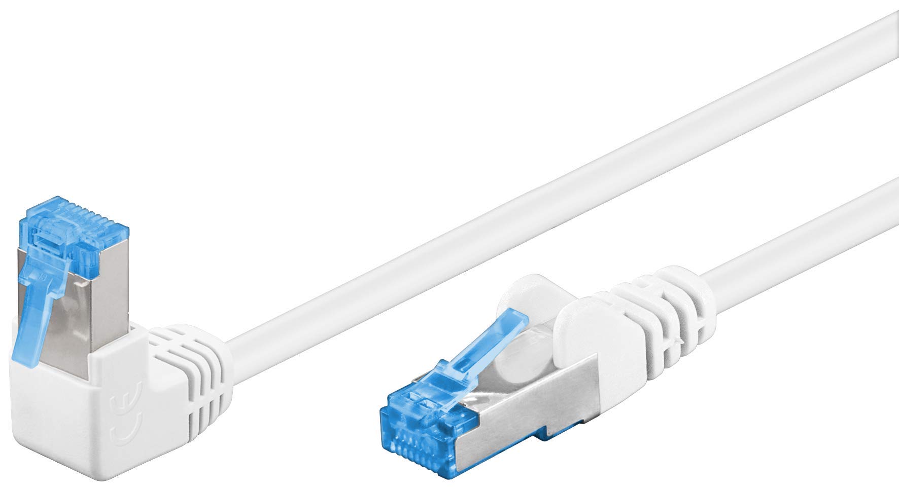 goobay 51563 CAT 6A Patch Cable, High Speed, 90 Degree Plug, Network Cable, Ethernet, Playstation, Xbox, DSL, PimF, RJ45 Plug, White, 0.50 m