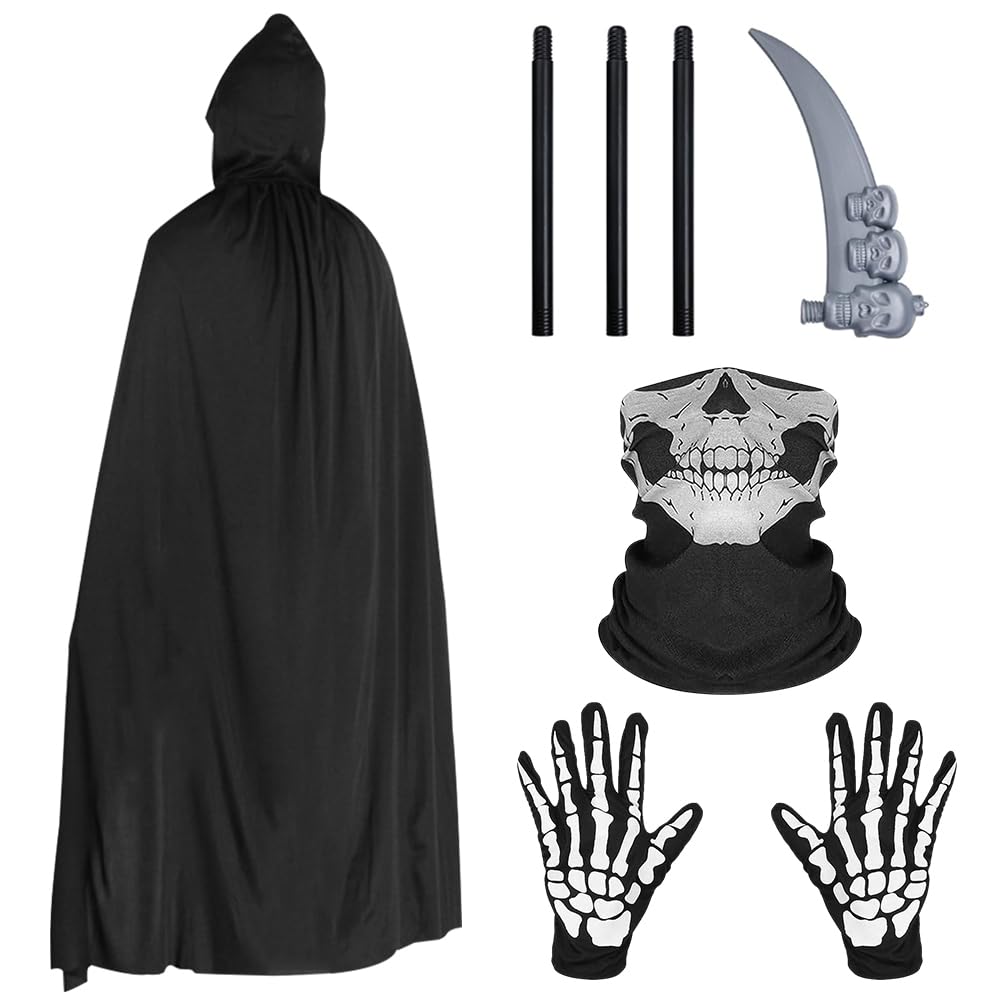 Halloween Black Hooded Cape Witch，Halloween Vampire Cloak Capes, Cosplay Accessories with Skull Face Mask Skull Gloves for Masquerade, Carnival Cosplay Decoration, Family Party