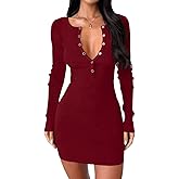 Dressmine Women Long Sleeve Sweater Dress 2026 Fall Sexy V Neck Button Down Bodycon Dresses Cocktail Party Knit Mini Dress