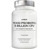 Amen Mood Probiotic Supplement 51 Billion CFU - Organic Prebiotics and Probiotics - Acidophilus Probiotic Pills, Fibers - Mood Organic Ashwagandha, Blueberries - Vegan & Non-GMO - 60 Capsules
