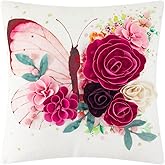 Handmade 3D Floral & Butterfly Decorative Pillow Cover 18x18 Inch Romantic Boho Farmhouse Chenille Pillow Case with Flowers & Watercolor Accents, Spring Home Decor for Couch Bed Living Room Hot Pink