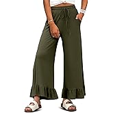 KISSMODA Womens Palazzo Lounge Pants Drawstring Elastic High Waisted Ruffle Hem Wide Leg Pants with Pockets