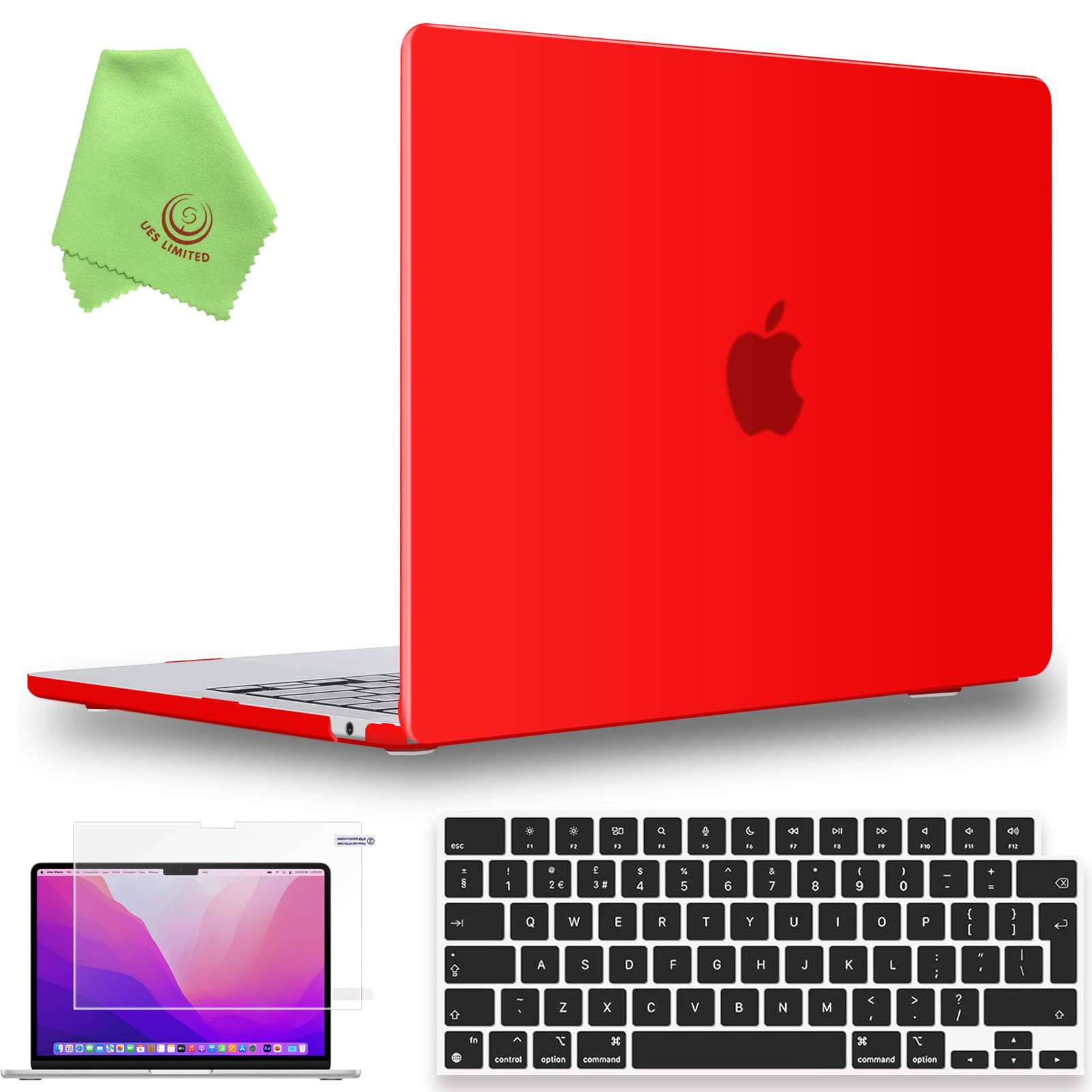 UESWILL 4in1 for MacBook Air (15 inch, M2 M3 M4 M5, 2023 2024 2025 2026) Model A3448 A3241 A3114 A2941, Matte Hard Shell Case + Keyboard Cover + Screen Protector + Microfiber Cloth, Red