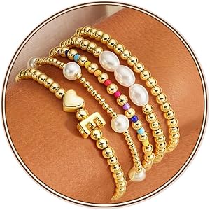 Turandoss 5PCS Heart Initial Bracelet Set for Girls, Jewelry Birthday Gifts | 14K Gold Plated Beaded Bracelets Stack, Boho Co