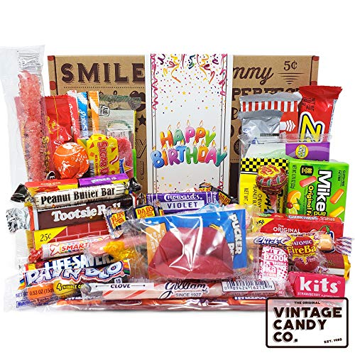 VINTAGE CANDY CO. HAPPY BIRTHDAY NOSTALGIA YEARS CANDY CARE PACKAGE – Retro Candies Assortment Variety – GAG GIFT BASKET – PERFECT For Adults, College Student, Military, Teens, Man, Woman, Boy or Girl