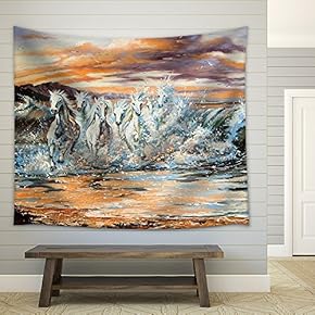 The Horses Running from Waves - Fabric Wall Tapestry Home Decor - 51x60 inches