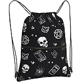 Gothic Skull Cat Magic Drawstring Bag, Halloween Goth Magic Book Drawstring Backpack, Light Large Capacity Durable String Sackpack, Waterproof Cinch Sackpack for Yoga Sport Gym Beach Shopping
