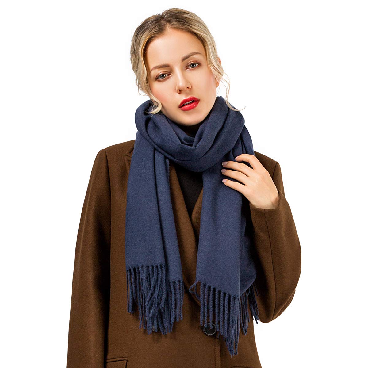 EVRFELAN Women Winter Warm Scarf Soft Cashmere Fringe Tassel Pashmina Pure Color Shawl Stole Wrap (Navy blue)