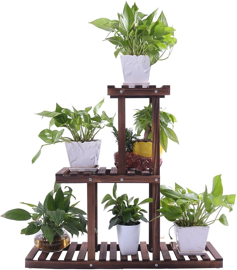 Ufine Wood Plant Stand Outdoor Indoor 3 Tier Vertical Carbonized Multiple Planter Holder Flower Ladder Stair Shelf Garden Balcony Patio Corner Pot Display Storage Rack (Space Saving,Light Weight)