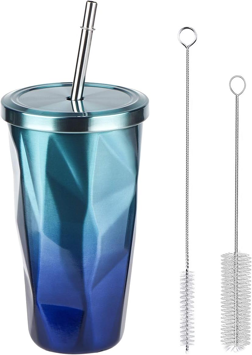 Tumbler With Lid And Straw Stainless Steel Coffee Mug Double Wall Vacuum Insulation Cup with Irregular Diamond Water Flask for Coffee Tea Milk Hot and Cold Drinks 17oz (Blue)