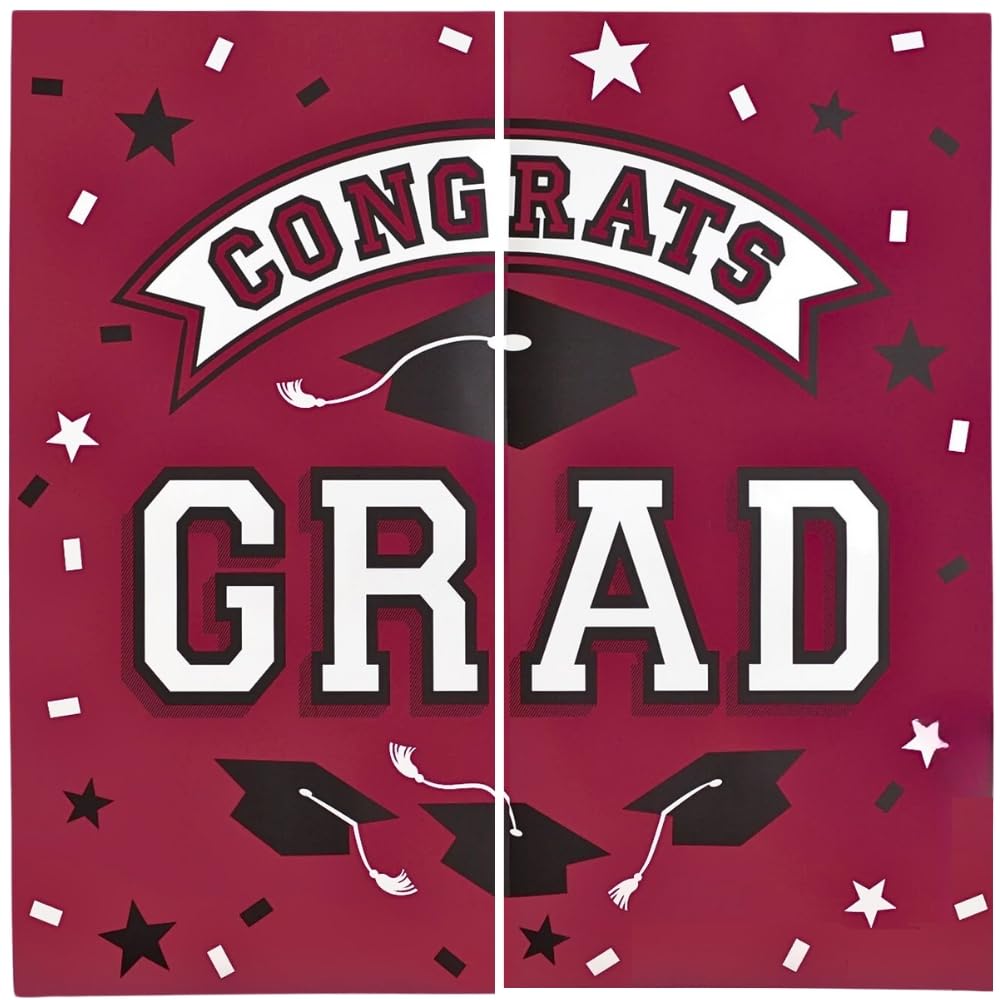 Photo 1 of Premium Plastic Congrats Grad Backdrop - 65" x 65" (1 Set) - Graduation Party Decoration Set, Unique Bold Design - Perfect for Celebrating Academic Achievements & Showcasing Milestones, Maroon