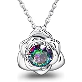 Rose Necklace for Women - Sterling Silver Adjustable Pendant Necklace Hypoallergenic Colorful Cubic Zirconia Rose Flower Charm Necklaces Classic Dainty Elegant Jewelry Gifts for Mother Wife