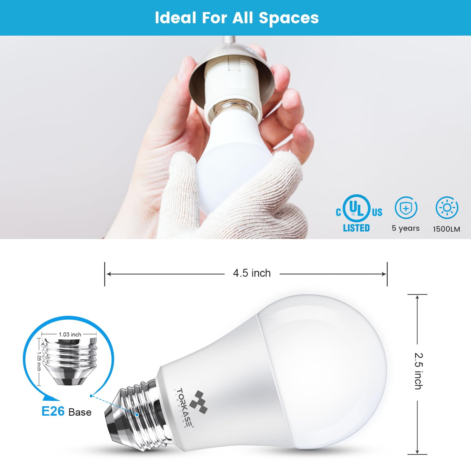 Torkase A19 LED Bulbs 100W Equivalent, 13W 1500 Lumens Very Bright and Energy Saving, Non-Dimmable, 3500K Soft White, Standard E26 Medium Base Lighting Bulb, 30000 Hour Lifetime for Home(Pack of 4)