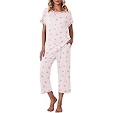 Ekouaer Women's Capri Pajama Sets Print Short Sleeve Sleepwear Top and Capri Pants Soft Loungewear with Pocket