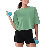 YIPINK Boxy Cropped Tees for Women Cotton Loose Crop Tops Drop Shoulder Roll Hem Workout Tops