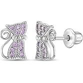 In Season Jewelry Cubic Zirconia Cat Earrings - Hypoallergenic 925 Sterling Silver Earrings for Girls with Safety Screw Backs - Safe & Comfortable for Toddlers, Kids & Little Girls