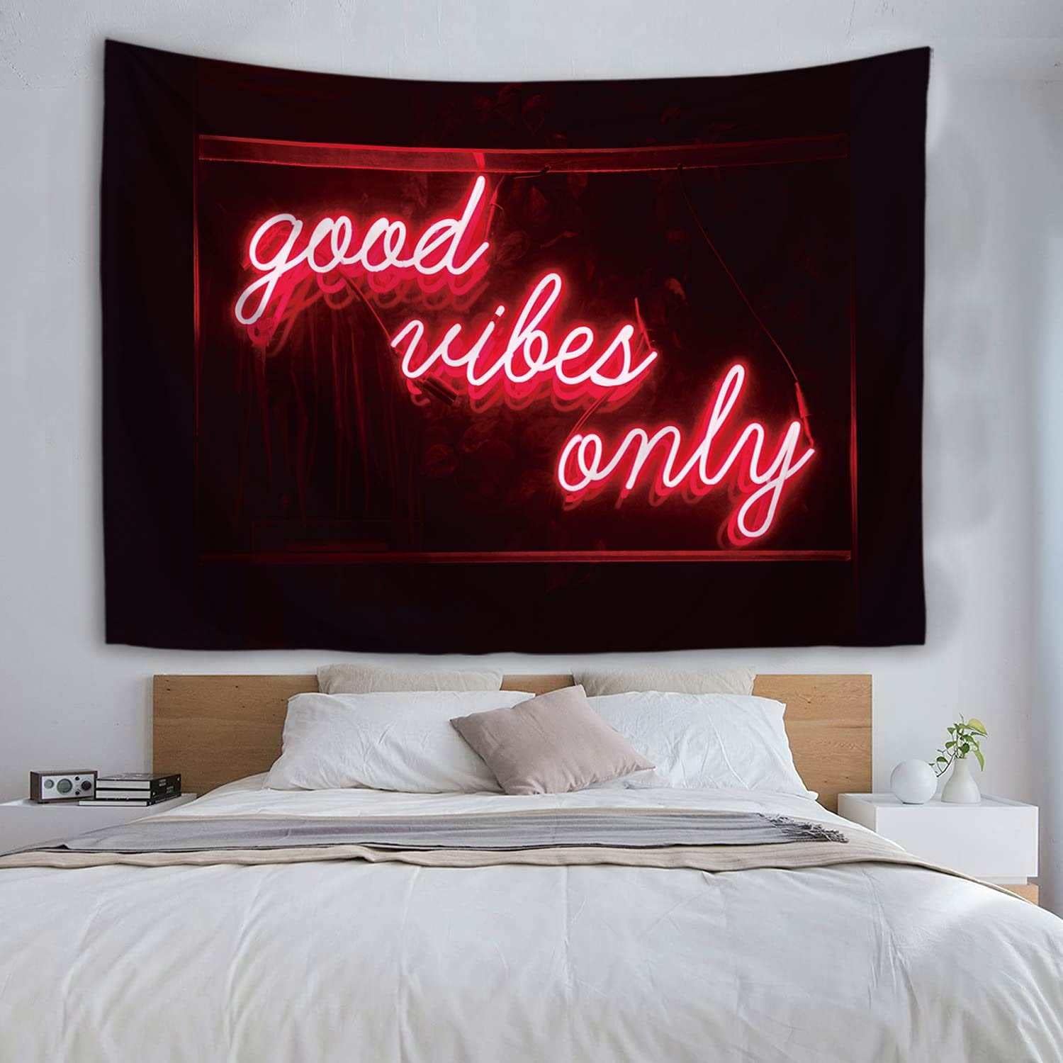 Tapestries - HuxtleEssentials Decorative Wall Tapestry, Good Vibes Only Words in Neon Light for Bedroom Living Room Outdoor 50 X 60 Inches (Red)