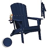Plawdlik Folding Adirondack Chair, SGS Tested, Wooden Textured with Cup Holder, Heavy All-Weather HDPE Comfortable Set Poolside Backyard Lawn Navy Blue