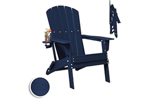 Plawdlik Folding Adirondack Chair, SGS Tested, Wooden Textured with Cup Holder, Heavy All-Weather HDPE Comfortable Set Poolside Backyard Lawn Navy Blue