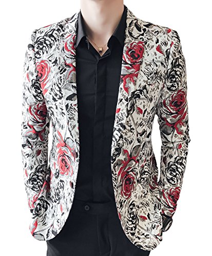 OUYEMen's Red Black Rose Print Casual Blazer