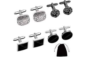 Zngou Men's 4 Pairs Cufflinks Set, Black Round Square Classic Knot French Striped Cufflinks for Men's Suit Shirt Wedding Busi