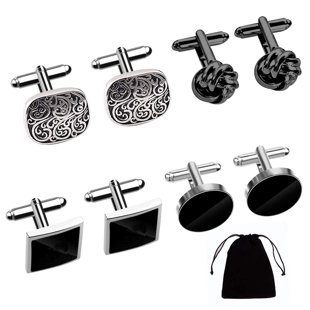 4 Pairs Cufflinks for Men, Stainless Steel Classic Cufflinks Black Round and Square Retro Knot French Striped Shirt Suit Button Cuff Link Kit For Wedding Business Graduation Jewelry Gift