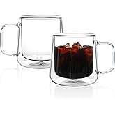 Aurzen 13oz Glass Coffee Mugs,Double Wall Insulated Glass Cups with Handle,Clear Espresso Mugs for Latte,Cappuccino,Tea Bag (2, 13oz)