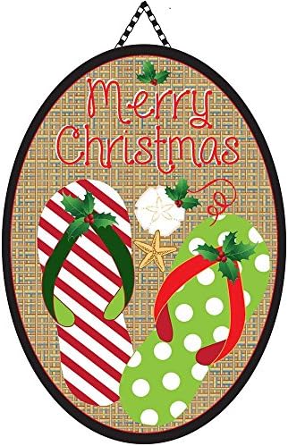 Merry Christmas Burlap Patterned Flip Flops 13 x 18 Oval Ribbon Door Banner