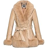 GRAN ORIENTE Women's Faux Leather Jacket with Faux Fur Collar, Winter Long Sleeve Furry Trim Peplum Parka Coat with Belt