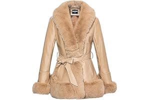 GRAN ORIENTE Women's Faux Leather Jacket with Faux Fur Collar, Winter Long Sleeve Furry Trim Peplum Parka Coat with Belt