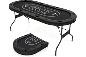 Giantex 8 Player Poker Table Foldable, 72" Portable Folding Texas Holdem Poker Tables w/Padded Rails, Cup Holders, Casino Grade Felt Surface, Oval Card Game Poker Table for Game Room (Black)