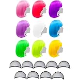 LIULIUBTY 9 Pieces Short Bob Hair Wigs 12" Straight with Flat Bangs Synthetic Fluorescence Colorful Cosplay Daily Party Costume for Women+ Free Wig Cap (Colors Set 2,with Wig Cap)