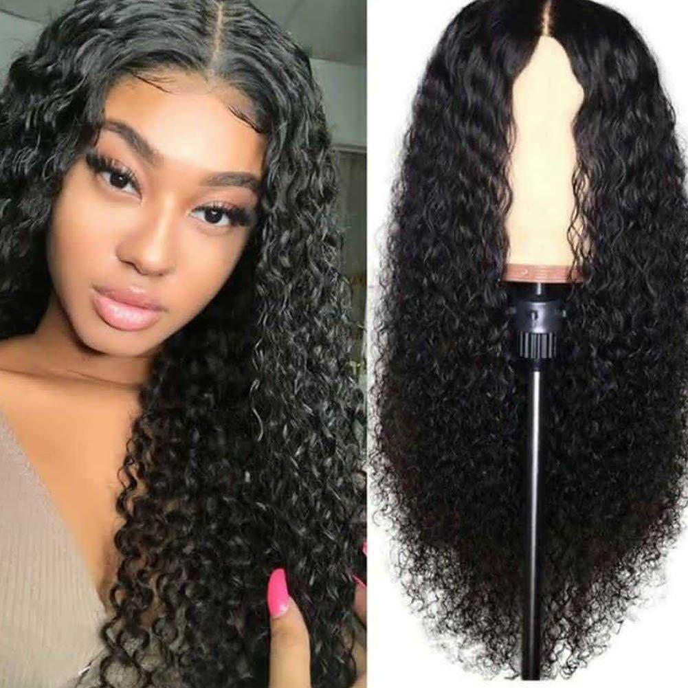 Yooyg Adjustable with Bangs Black Wave Wig, Black Women Wigs Deep Curly Wig Long Curly Hair,Human Hair Wigs Wave Lace Frontal Wavy Hair Wigs