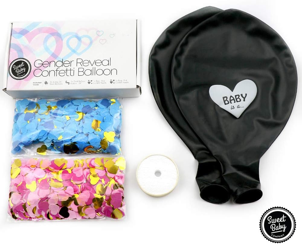 Sweet Baby Co. Jumbo 36 Inch Baby Gender Reveal Balloon | Big Black Balloons with Pink and Blue Heart Shape Confetti Packs for Boy or Girl | Baby Shower Gender Reveal Party Supplies Decoration Kit: Toys & Games