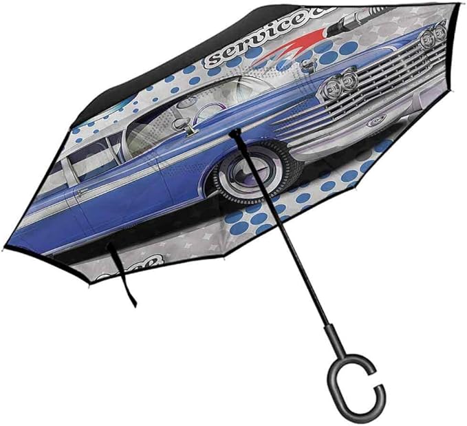 ScottDecor Vintage Printed Umbrella 60s Classic Car Garage