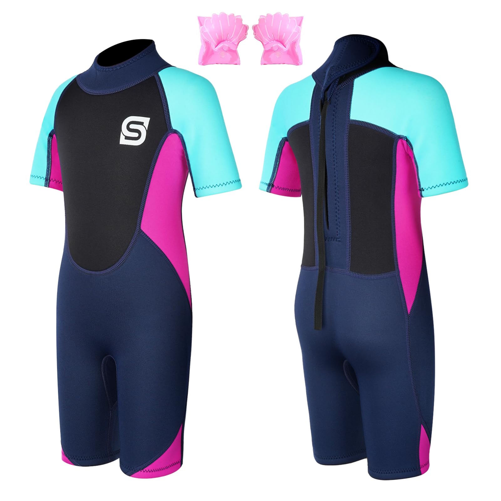Summshall Kids Wetsuit with Arm Bands 2.5mm Shorty One Piece Child Wetsuits UV Protection Back Zip Thermal Swimsuits for Boys Girls Keep Warm Stretch Diving Suit for Water Sport