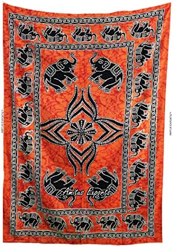 Amitus Exports(TM) Premium Quality 1 X Elephant Batik 79"x54"(Approx.) Inches Orange Color Twin Size Cotton Fabric Tapestry Hippy Indian Mandala Throws (Handmade In India)