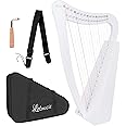 Lyre Harp,15 strings 22 inch Solid Birchwood Musical Instrument Height For Adult Kids Beginner with Tuning Wrench Black Gig Bag Strap (White)
