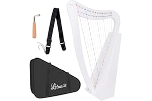 LOTMUSIC Lyre Harp,15 strings 22 inch Solid Birchwood Musical Instrument Height For Adult Kids Beginner with Tuning Wrench Black Gig Bag Strap (White)