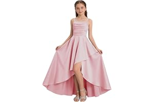 Zzalalana Satin Junior Bridesmaid Dresses for Teen Girls Sleeveless Spaghetti Strap High Low Prom Dress Long Ball Gowns