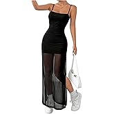 SHENHE Women's Mesh Maxi Bodycon Dress Spaghetti Strap Split Ruched Long Pencil Dress