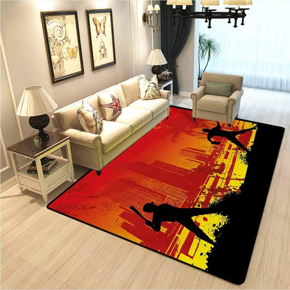 Teen Room Non-Slip Soft Fur Carpet Men Playing Baseball in The Town City Park Tall Buildings Urban Scenery Abstract Modern Carpet Girl's House Red Yellow Black W5xL7 Ft