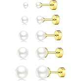 JINERA 5 Pairs Stud Earrings for Women 14K Plated Gold/Silver Pearl Ball Small Stud Earrings Set Cartilage Piercing Hypoallergenic Lightweight Flatback Earrings Jewelry Gifts for Women